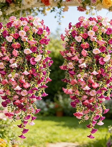  2/4 Stück realistische, künstliche Prunkwinden-Hängedekorationen aus 69-Mesh-Fasern – UV-beständige Kunstblumen in Rosa und Rosenrot, perfekt für die Innen- und Außendekoration, Türkränze und