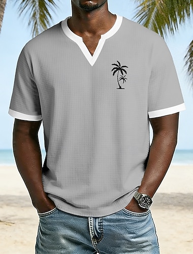  herre palmetre tropisk sommer strand grå vaffelstrikket v-hals kortermet t-skjorte grafikk normal passform avslappet ferie friluftsliv designerklær s m l xl xxl xxxl