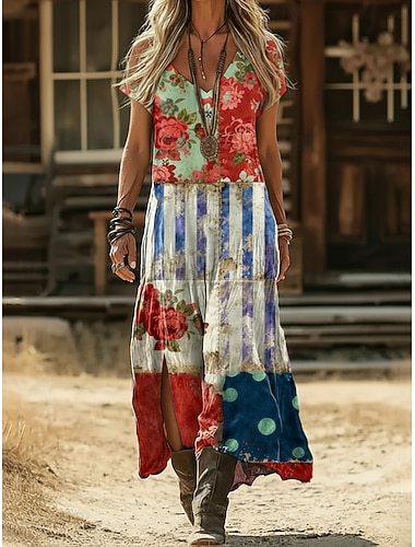  Unabhängigkeitstag Damen Maxikleid Freizeitkleid A Linie Kleid Druckkleid Vintage Outdoor Urlaub Wochenende Normale Passform Flagge Kurzarm V Ausschnitt Rote Sommer Frühling