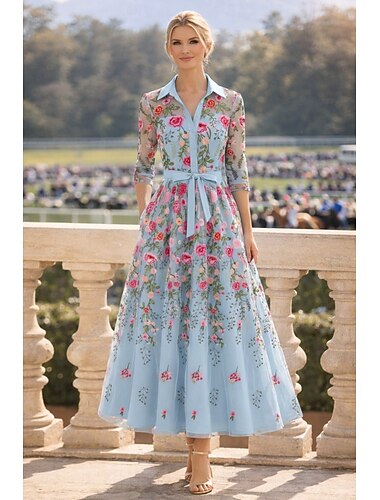  A-linje Kjoler Ankellengde Te-lengde Gjestekjole til bryllup Kjole til brudens mor 3/4 ermer Skjortekrage Elegant Årgang Formell Bryllupsgjest Kentucky Derby Sateng Tyll med Blomstertrykk Plissert