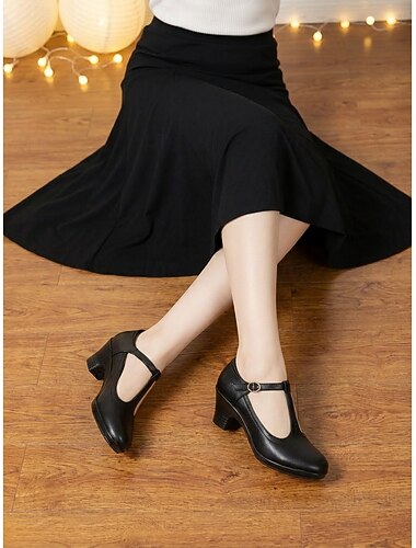  Dámské černé taneční boty s páskem Mary Jane, profesionální nízké podpatky, standardní taneční boty na valčík, foxtrot &cvičné, pohodlné klasické taneční podpatky