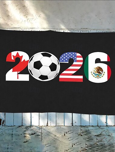  Flaggen für die Fußballveranstaltungen 2026 – Kanada, USA, Mexiko (mit Nationalflaggen) &Fußball, schwarzer Hintergrund, hochwertiges Material