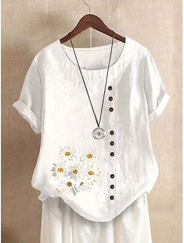  Dame Skjorte Bluse Imiteret bomuldslinned Trykt mønster Blomstret Grafisk Afslappet Kortærmet Rund hals Lange toppe Daglig Hvid Gul Navyblå Grøn Sommer Forår