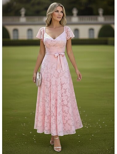  A-linje Klänningar Ankellång Telång Cocktail klänning Bröllopsgästklänning Klänning till brudens mor Kortärmad V-hals Elegant Ledigt Pastell Formell Jacquard med Rosett(er)