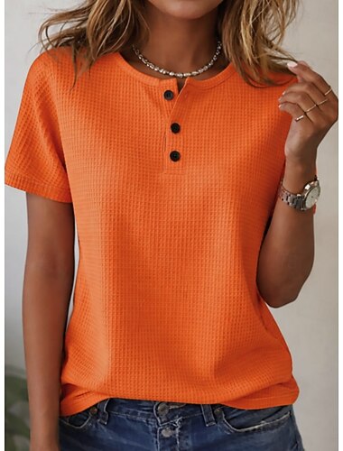  Dames Oversized Wafel T-shirt T-shirt Knoop voorzijde Stijlvol Casual Korte mouw Henley Lange tops Dagelijks Uitgaan Zwart Wit Geel Rood Oranje Zomer Lente
