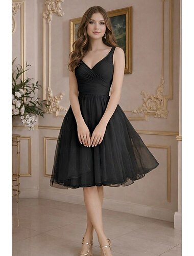  A-lijn Tot de knie Galajurken Flirterig Imperium Grote maten Mouwloos V-hals Schoolfeest valmistuminen Roze jurk Tule met Plooien