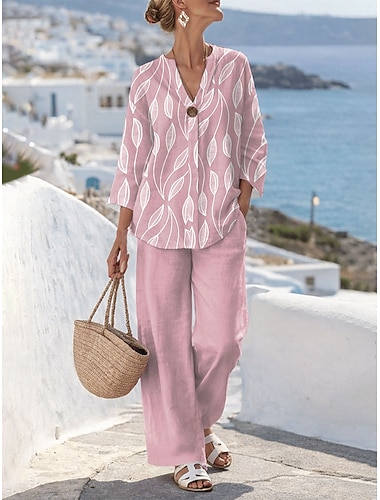  Per donna Set da due pezzi Set di Pantaloni Manica 3/4 Scollo a V Floreale Grafico Stampato Quotidiano Elegante Casuale Quotidiano Spiaggia Blu Rosa Viola Estate Vestibilità regolare