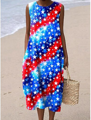 Amerikaanse onafhankelijkheidsdag Dames Halflange jurk Hemdjurk Zonnejurk Vakantie Casual Buiten Ruim Passend Sterren en strepen Mouwloos Ronde hals Blauw en wit Oceaanblauw Rood / blauw Zomer Lente