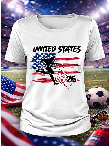  Weltfußballspiel 2026 Damen T-Shirt Print Grafik Stilvoll Klassisch Freizeit Kurzarm Rundhals Reguläre Oberteile Tägliche Blau Weiß Rot Grün Sommer Frühling