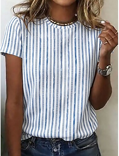  Mulheres Camiseta Imprimir Listrado Gráfico Listrado Boêmia Vintage à moda Manga Curta Gola Redonda Tops regulares Diário Azul Vermelho Verde Verão Primavera