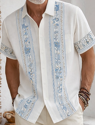  Herren Blumendruck Ethnisch Blumen Hemd Guayabera Hemd Knopfhemd Kurzarm Vintage-Retro Alltagstauglich Strandurlaub Sommer Umlegekragen 3D-Druck Eine Tasche vorne Leinenähnliches Hemd Blau Rosa