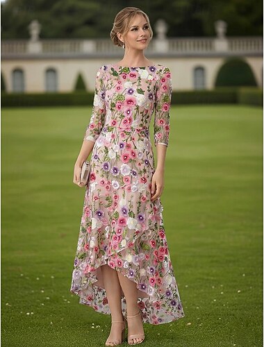  A-Linie Kleid High-Low-Kleid Knöchellänge Cocktailkleid Brautmutterkleid Dreiviertelarm U-Boot-Ausschnitt Elegant Einfach Formell Hochzeitsgast Semi-Formal mit Rüschen Stickerei Applikationen