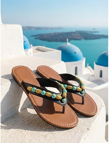  dam boho svarta pärlflip-flops - bekväma platta sandaler med turkos &Träpärlor för öresor, Santorini-semestrar &promenader vid stranden