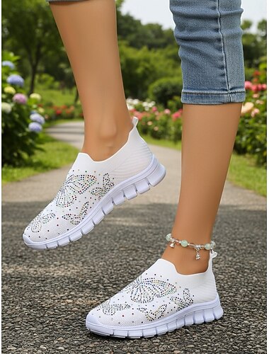  Damessneakers van gebreide stof met witte strass-vlinders – ademende, lichtgewicht instapschoenen met een flexibele antislipzool, glinsterende casual sneakers voor op reis, de sportschool en dagelijks