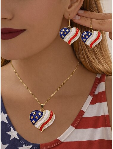  Halsband och örhängen i legering för kvinnor, hjärt- och stjärnmönster i flera stilar, patriotiska smycken, perfekt för USA:s 250-årsjubileum, självständighetsdagen och vardagskläder