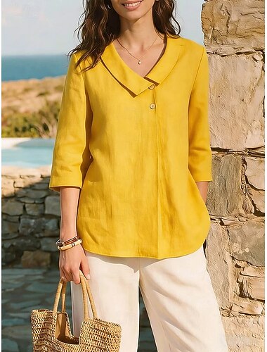  Dame Bluse Skjorte i imitert lin Helfarge Daglig Stilfull Grunnleggende 3/4 ermer Skjortekrage Vanlige topper Daglig Blå Hvit Gul Rosa Navyblå Sommer Vår Høst