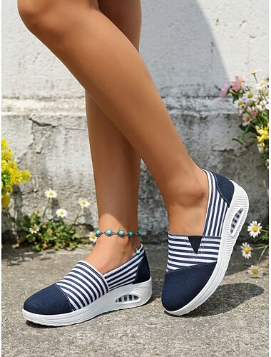  scarpe da ginnastica slip-on da donna a righe rosse, scarpe casual da passeggio in tela con suola ammortizzata per viaggi e shopping &comfort quotidiano