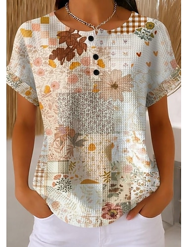  Koszulki damskie z dzianiny waffle w splot teksturowym T-shirt kolorowy nadruk graficzny wzór geometryczny stylowy klasyczny krótki rękaw okrągły dekolt Henley zwykłe koszulki codzienne sporty