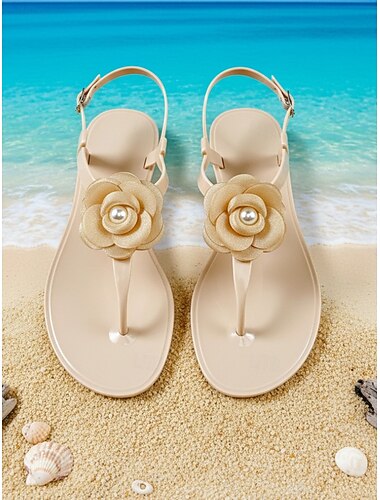  Elegante abrikooskleurige jelly sandalen voor dames - waterdichte teenslippers met 3D-bloemenversieringen voor strandvakanties en feestjes bij het zwembad. &zomer resortkleding