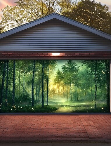  förtrollad skog magi glödande grönt träd solljus dimma damm natur landskap garageport banderoll utomhus väggmålning väggdekor trädgård hem exteriör fest bakgrund