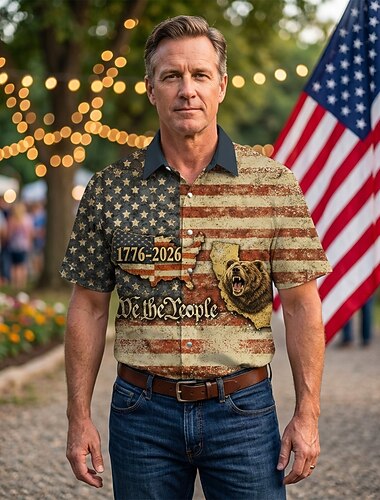  Blusa / Camisa Geométrico Dia da Independência Retro Vintage Anos 70 Mangas curtas para Homens Adulto  para 4 de julho Festa Dia da Independência