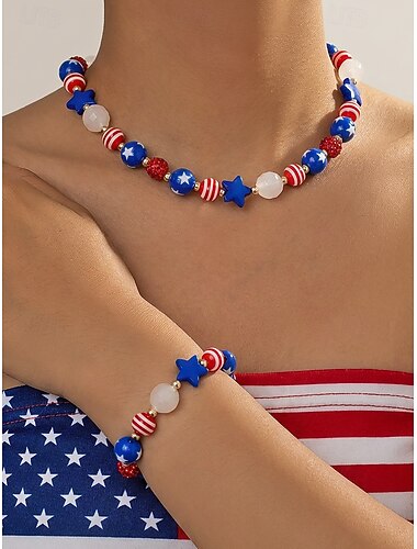  Women's Patriotic Resin Beaded Necklace Bracelet Set for US 250th Anniversary, Independence Day, Casual Daily Wear & Travel Vacation Jewelry
