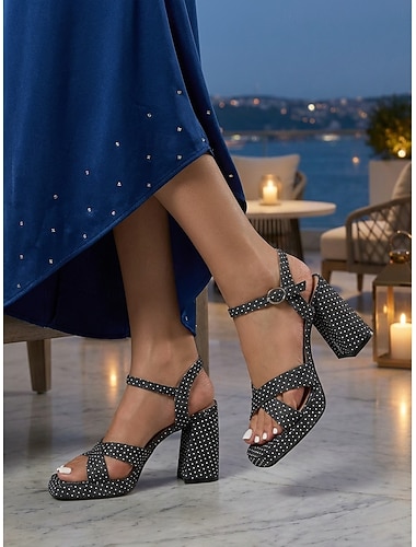  Damessandalen met vierkante neus en stippenprint op het platform - vintage schoenen met blokhak en enkelbandje voor elegante avonden, vakanties en feestjes.