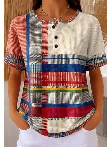  Top in maglia waffle per donna T-shirt a blocchi di colore stampa grafica geometrica elegante classica maniche corte a girocollo rotondo Henley top regolari sportivi quotidiani weekend marrone chiaro
