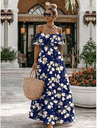  Dámské Maxi šaty Boho šaty Letní šaty Volnočasové šaty Etnické šaty Elegantní Čechy prázdniny Plážové Dovolená Rande Běžný Květinový Krátký rukáv Pod rameny Vodní modrá Černobílá Světle zelená Béžová