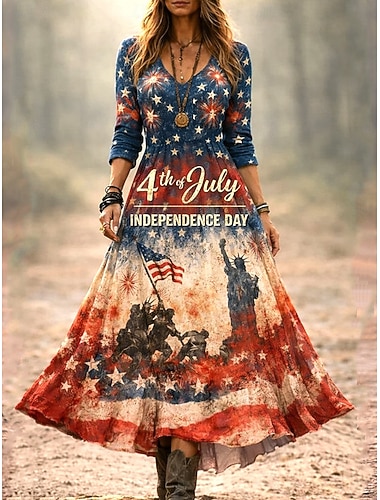  יום העצמאות האמריקאי בגדי ריקוד נשים שמלת מקסי שמלת קפלים מסיבה יום יומי בוהו פגישה (דייט) רגיל גראפי דגל כוכבים ופסים שרוול ארוך צווארון V כחול כהה קיץ אביב