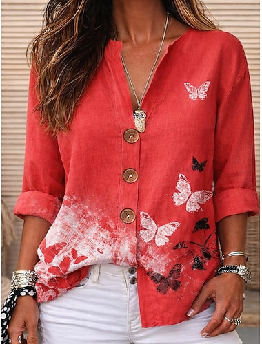  Dame Bluse Trykt mønster Grafisk Sommerfugl Elegant Årgang Tropisk 3/4 ermer Crew-hals Vanlige topper Daglig Ferie Strand Klær Blå Rosa Rød Lilla Grønn Sommer Vår