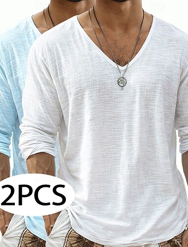  2 pezzi maglietta da uomo t-shirt in lino a maniche lunghe scollo a V estate primavera primavera &estate tinta unita semplice casual quotidiano street style 2 pezzi semplice multipack casual outdoor