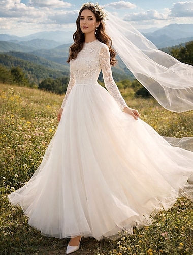  Robe de bal Longueur cheville Robes de mariée Robes pour enterrement de vie de jeune fille robe de mariée ancien Années 1940 / 1950 Petites Robes Blanches manche longue Col Rond Remise des Diplômes