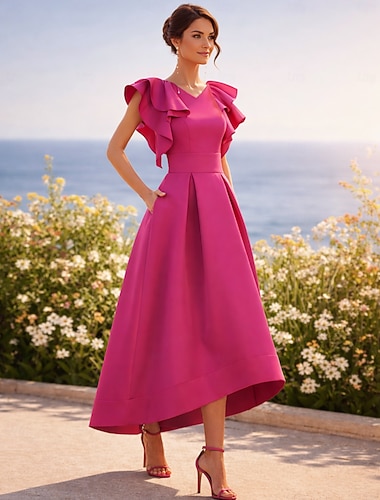  Ligne A Asymétrique Robes de Cocktail Robes de soirée Élégant Asymétrique Sans manches Col en V Semi-Formel Invité de mariage d'automne Tissu Extensible avec Volants