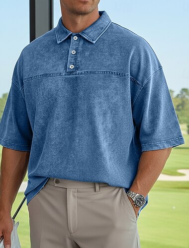  Herren Acid-Wash-Shirt Lässig Geschäft Gerippter Polokragen Kurzarm Mode Basic Einfarbig Farbblock Knöpfe Gewaschen Sommer Frühling Frühling & Herbst Lässiger Schnitt Schwarz Hellgrün Rosa Marineblau