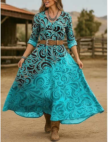  Per donna Abito lungo maxi Vestito Casual Vintage africano Quotidiano All'aperto Vacanza Vestibilità regolare Floreale Manica Lunga Scollo a V Blu Rosa polveroso Viola Arancione Estate Primavera