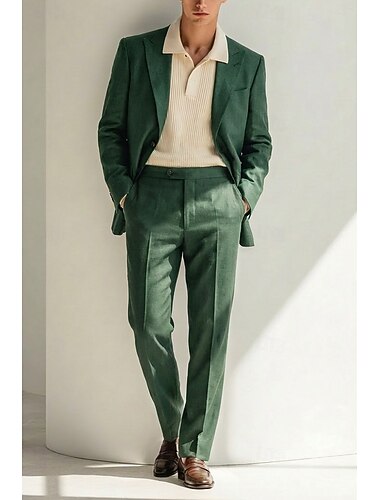  Pour des hommes Smoking Costumes en lin Mariage de printemps Affaires Bleu Ciel Vert foncé Printemps & Été Costume / Tailleur Revers en Pointe Revers Cranté Mode Quotidien Couleur Unie Coupe sur