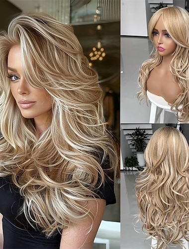  Peruca longa, ondulada e em camadas, com mechas loiras platinadas e ombré castanho claro, com franja cortina, para mulheres brancas e negras. Peruca sintética loira com mechas em camadas, ideal para
