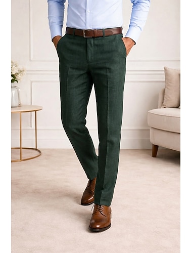  Pour des hommes Coton Lin Dress Pants works Pantalon décontracté Affaires Mariage ancien Classique & Intemporel Formel Rouge Bordeaux Vert foncé Gris Claire Printemps & Été Pantalon Couleur Unie