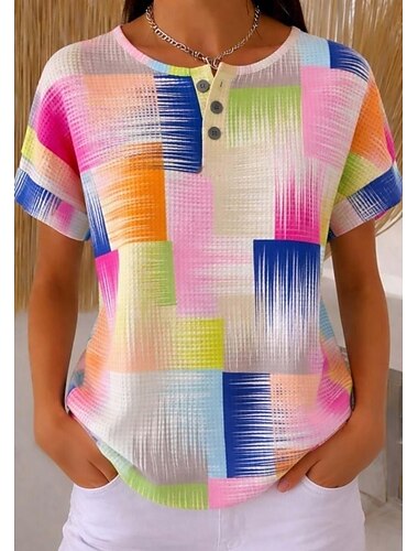  Top in maglia waffle per donna T-shirt ombre grafica geometrica elegante classica manica corta collo rotondo Henley top regolari sportivi quotidiani nero e bianco verde chiaro khaki arcobaleno estate