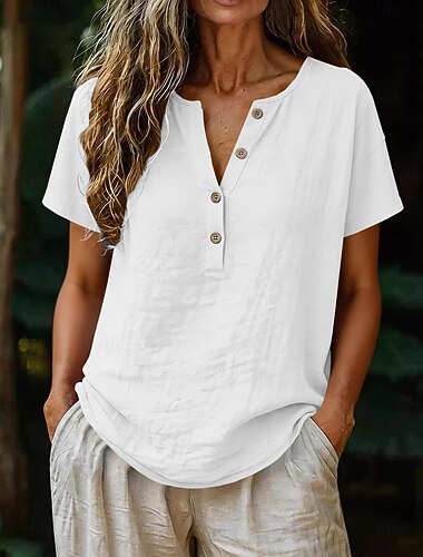  Dames Overhemd Katoenen linnen overhemd Elegant Vakantie Vintage Mouwloos V-hals Normale tops Dagelijks Buiten Kantoor Licht Blauw donkerbruin bordeaux Zwart Wit Zomer Lente Herfst