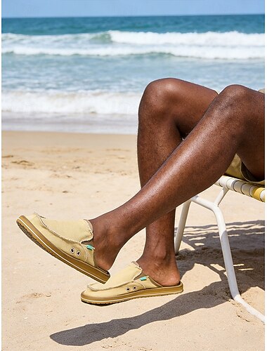  حذاء رجالي بيج سهل الارتداء بحزام قابل للتعديل، ناعم وخفيف الوزن، مثالي لقضاء عطلة شاطئية ممتعة أثناء السفر والاسترخاء