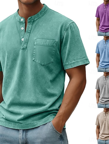  Herre Henly-skjorte 100% bomullssyre-vaskeskjorte T-skjorte T-skjorte Kortermet عادي Ensfarget Retro / vintage Fritid Gammeldags stil Plaggfarget Nedtrykt Henley Avslappet Sommer Vår Høst Svart Rosa
