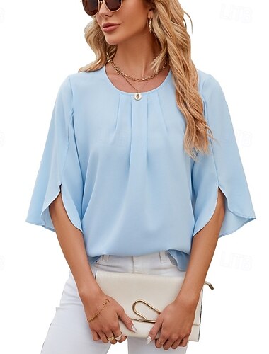  בגדי ריקוד נשים חולצה חולצות שיפון Ruched אחיד מסוגנן בסיסי קלסי שרוול ארוך חצי שרוול צווארון עגול קצר חולצות רגילות יומי חגים ליציאה שחור לבן ורוד מסמיק יין כחול נייבי קיץ אביב