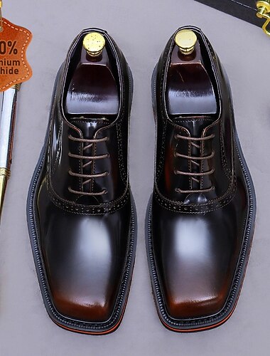  Sapatos sociais masculinos Oxford de couro, com bico arredondado, nas cores preto e marrom, com cadarço, ideais para casamentos, escritório, reuniões, banquetes, para noivos, igreja e ocasiões elegantes à noite.