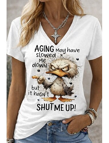  Dames T-shirt met grappige citaten, grafische print, stijlvol, klassiek, casual, korte mouwen, V-hals, lange tops, geschikt voor dagelijks gebruik, uitgaan, weekend, wit, paars, oranje, zomer, lente,