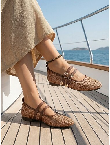  Sandale sofisticate maro țesute pentru femei - sandale plate, respirabile, cu goluri, pentru vacanțe de lux în croazieră, relaxare pe puntea iahtului &ținute de stațiune de vară