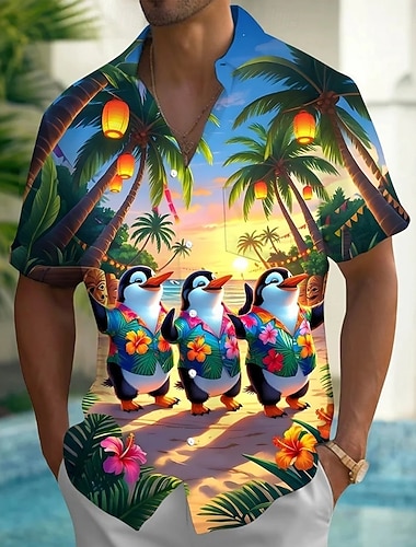  Herren Lustig Tropische Blumen Pinguin Sommer Hawaiihemd Knopfhemd Alohahemd Kurzarm Hawaiianisch Strandurlaub Sommer Frühling Umlegekragen 3D-Druck Hemden mit Kragen Eine Tasche vorne Blau