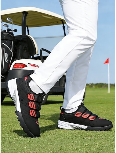  herre golfsko, hvitt kunstskinn med blå striper, pustende og lette, sklisikker såle, perfekt for golfbaner, utendørssport og aktiv livsstil