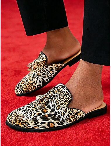  Ανδρικά μοκασίνια mule με λεοπάρ μοτίβο, slip-on, μοντέρνα παπούτσια, τολμηρά φλατ χωρίς πλάτη για γάμους, σκηνικές παραστάσεις, χορό, δεξιώσεις, μοντέρνα βραδινά ρούχα
